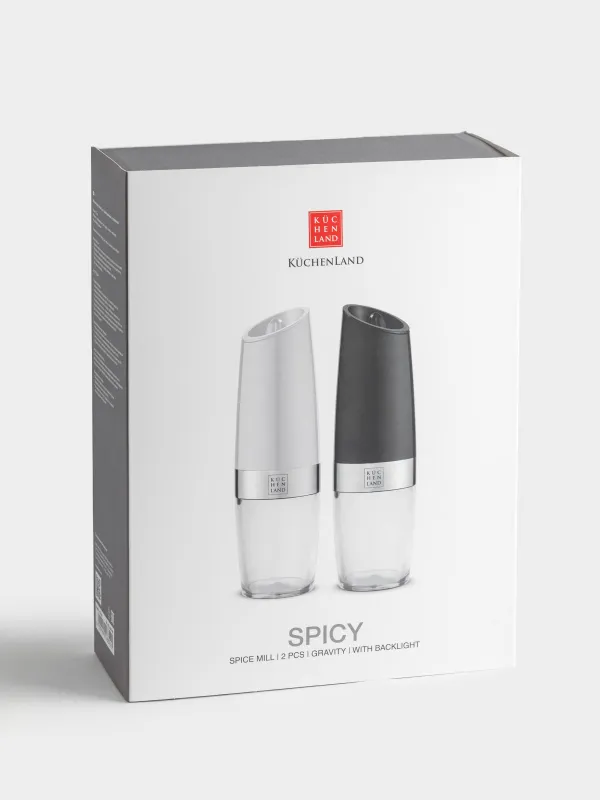 Spice mill, 20 cm, 2 pcs, Gravity, Plastic / Acrylic, LED W, Black / White, Spicy, image-5