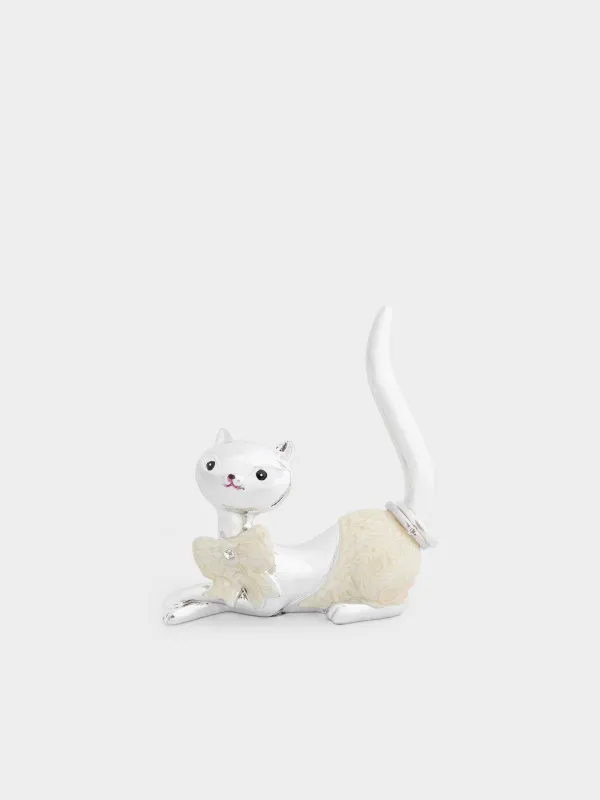 Jewelry holder, 9 cm, Polyresin, Silver, Cat with bow, Cat, image-3