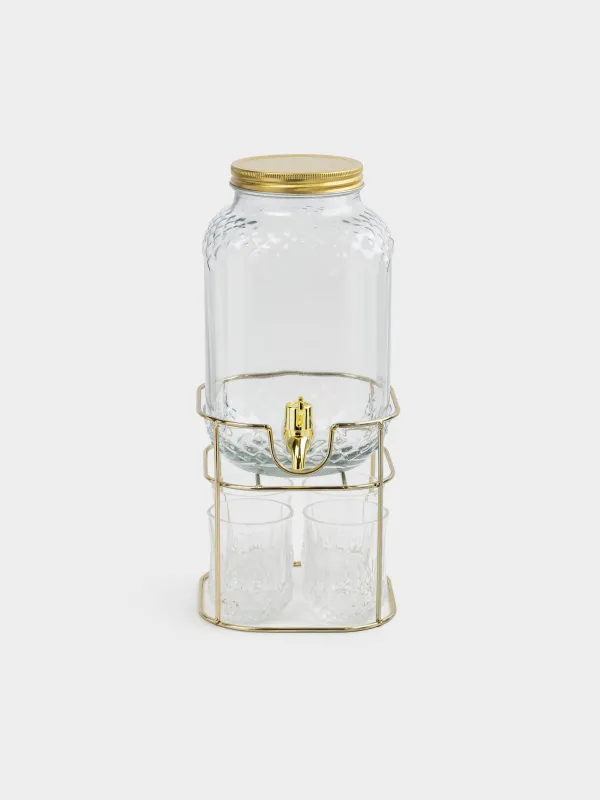 Set for drinks, 4 pers, 5 pr, dispenser on stand, gold, glass / metal, Regale, image-3