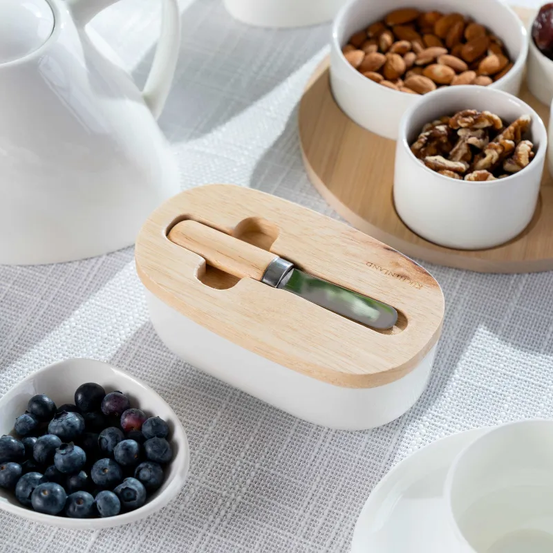 Butter dish, 15 cm, with knife, porcelain N / wood, oval, Light kitchen, image-4