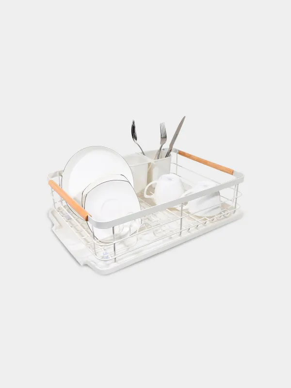 Dish rack, 43x31 cm, with tray, metal / wood / plastic, White style, image-1