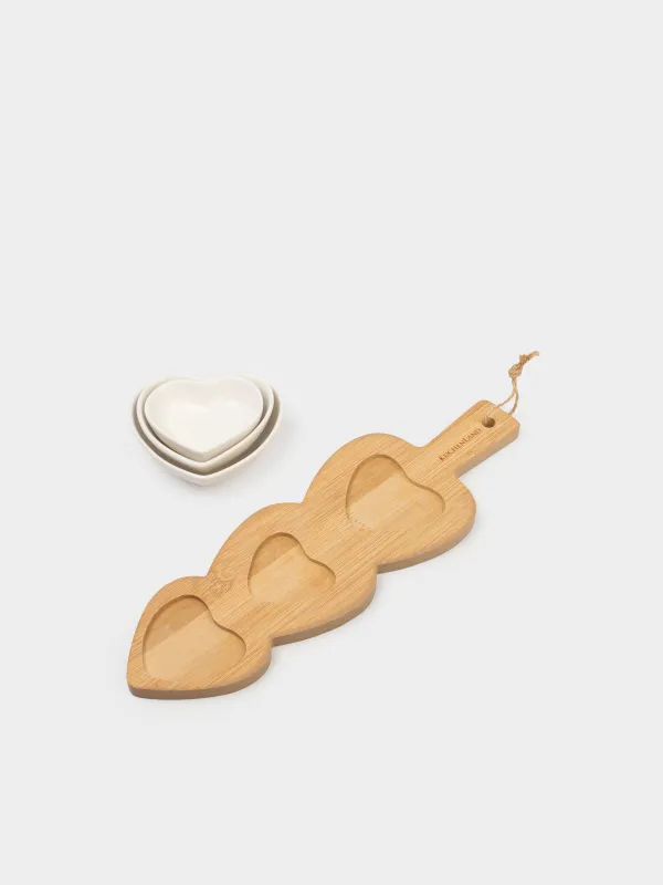 Snack set, 3 items, on a stand, ceramic / bamboo, Hearts, Heart, image-4