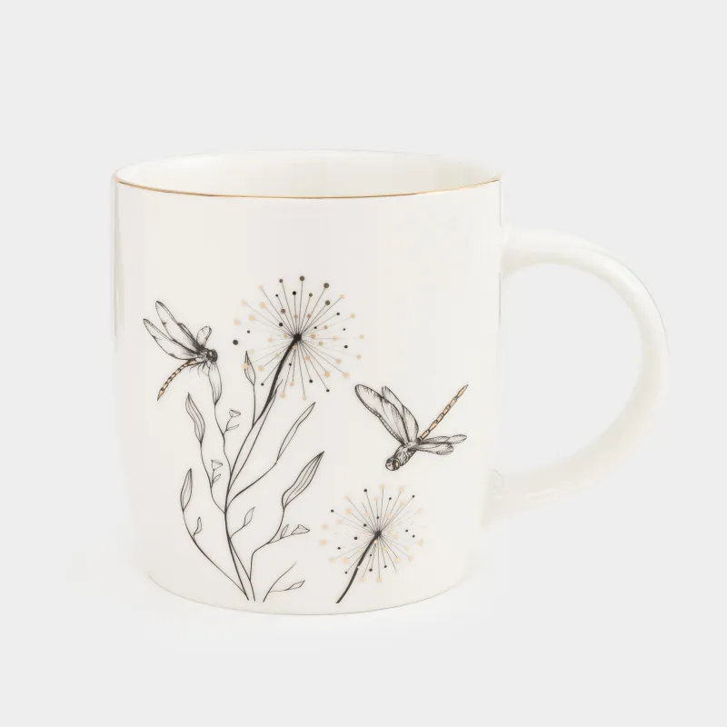 Mug, 380 ml, porcelain N, white, with golden edging, Dragonflies and dandelions, Dragonfly