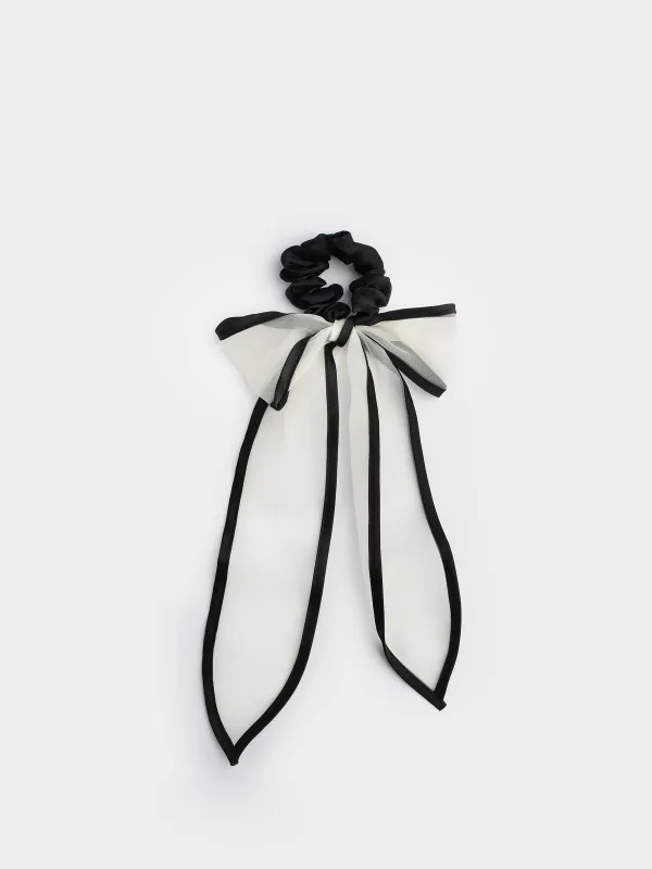 Elastic band for hair, 29 cm, with bow, polyester, beige-black, Hairstyle, image-0