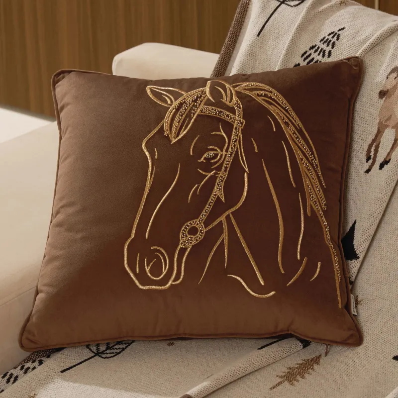 Decorative pillow, 45x45 cm, velvet / beads, brown, Horse, Horse