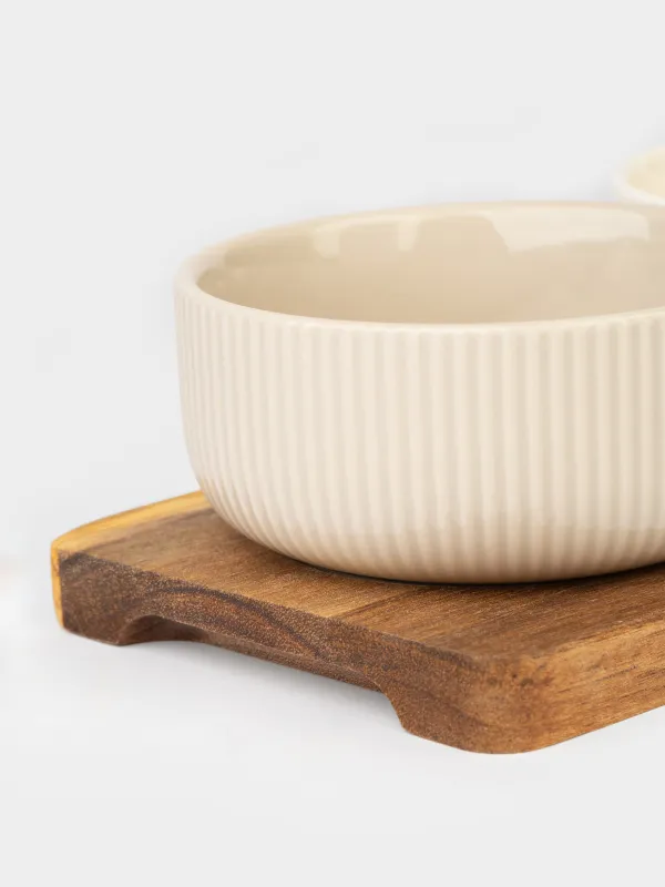 Snack set, 3 pcs, on a stand, ceramic / wood, mix, Ribbed bowls, Noble tree, image-4