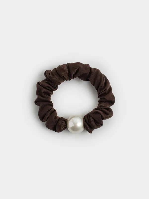 Hair tie, 6 cm, satin/plastic, brown, Bead, Silk, image-0