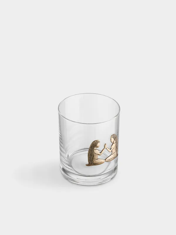 Drinking glass, 10 cm, 340 ml, glass/metal, golden, Gemini, Zodiac, image-1