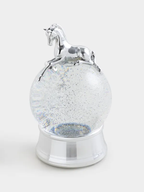 Snow lantern, 21 cm, illuminated, plastic, silver, Horse on a ball, Silver style, image-0