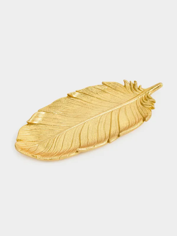 Decorative dish, 36x17 cm, polyresin, golden, Feather, Feather, image-0