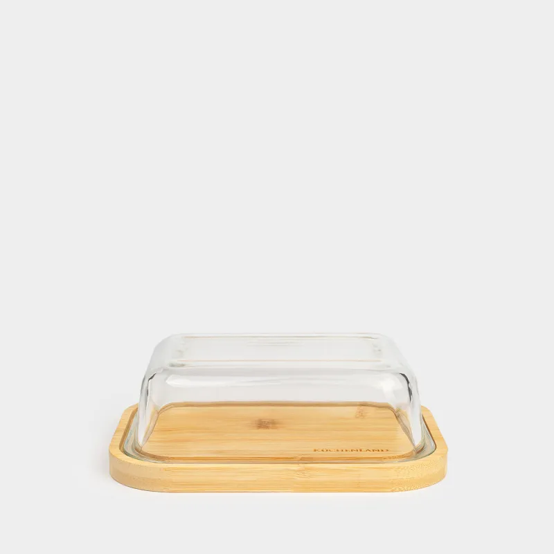 Butter dish, 18 cm, bamboo / glass, rectangular, Home made