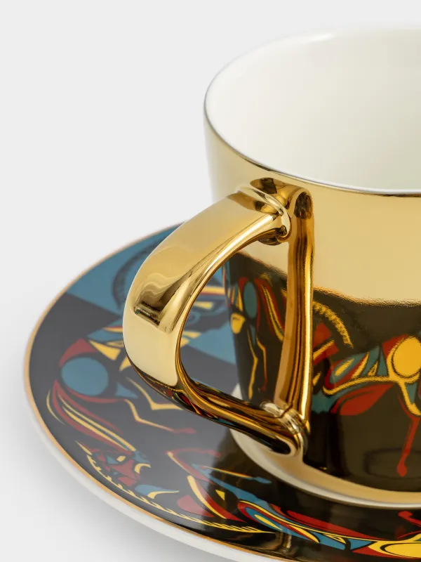 Tea pair, 1 person, 2 items, 300 ml, porcelain P, golden, Horses, Horse art, image-2