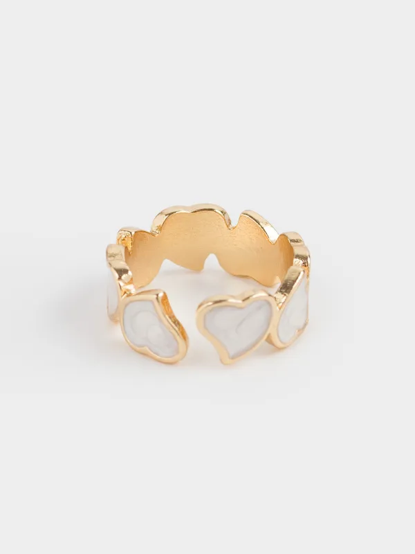 Ring, size S-M, single size, metal / acrylic, golden beige, Hearts, Jewelry heart, image-3