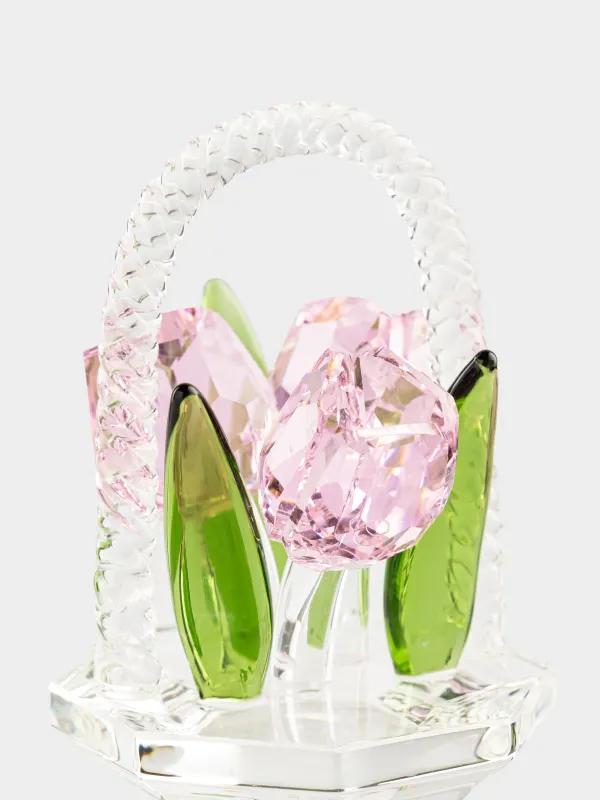 Statuette, 9 cm, crystal glass, pink, Tulips in a basket, Tulip garden, image-1