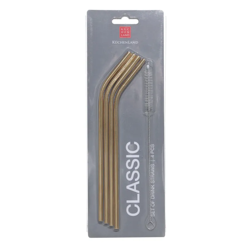 Drinking tube, 21 cm, 4 pcs, with brush, steel, golden, Classic gold, image-1