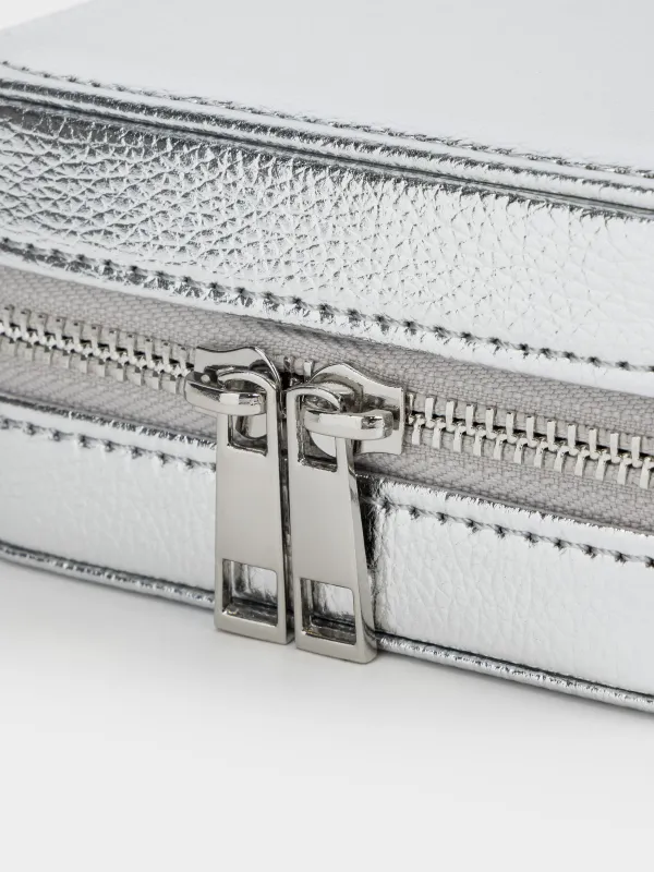 Jewelry box, 12x12 cm, with mirror, PU leather / MDF, silver, Premiere small, image-1