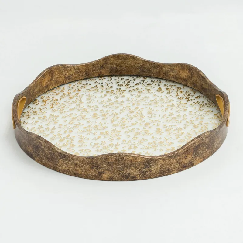 Tray, 35 cm, plastic / glass, round, Golden, Flowers, Floral, image-0