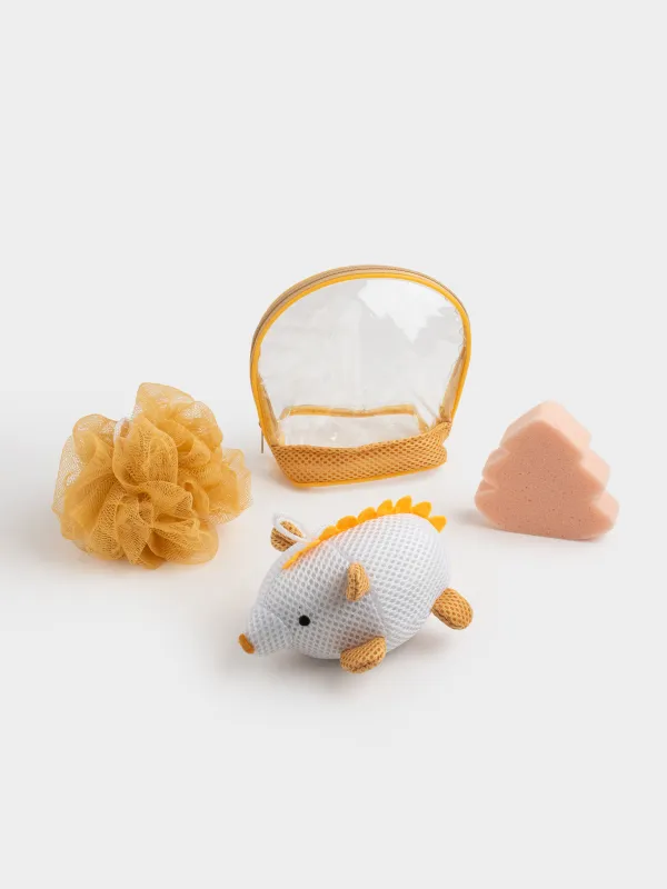 Children's shower set, 3 items, in a cosmetic bag, polyester, beige, Hedgehog, Friend spa, image-0