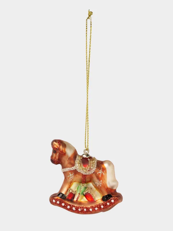 Christmas tree toy, 4 cm, glass, with glitter, brown, Rocking horse, Figure christmas, image-2