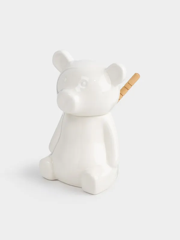 Honey jar, 250 ml, with spoon, Porcelain P / bamboo, Bear, Speckled black
