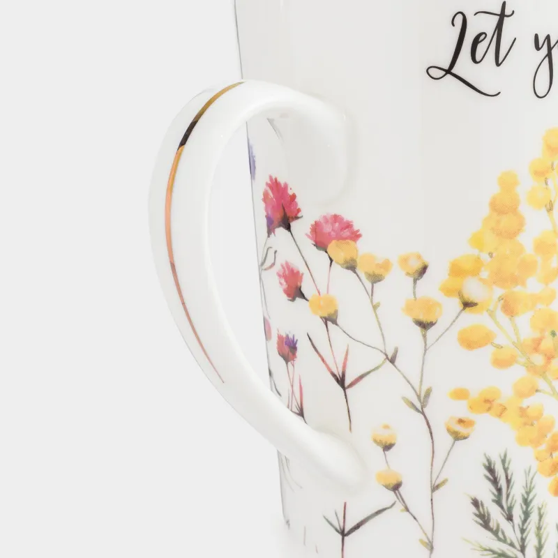 Mug, 450 ml, porcelain F, white, with golden edging, Flowers and mimosa, Flower garden, image-2