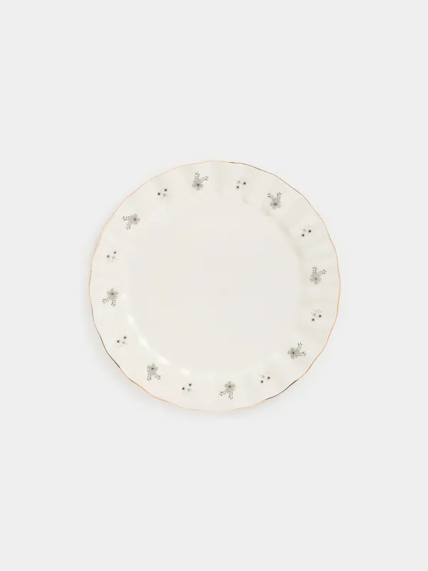 Dinner plate, 27 cm, porcelain P, milky, with golden edging, Grey flowers, Florals, image-0