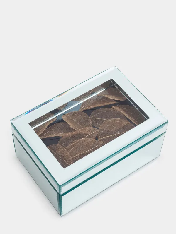 Jewelry box, 20x14 cm, glass, mirror, Golden leaves, Glossy, image-2