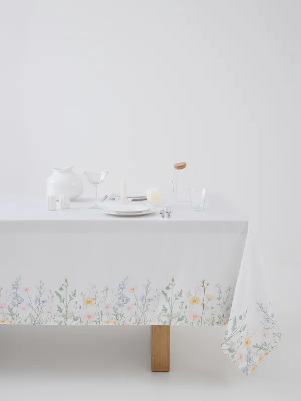 Tablecloth, 160x160 cm, jacquard, polyester, milky, Wildflowers, Petals serenity, image-0