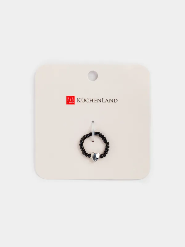 Ring, size S-M, Single size, Glass / metal, black, Heart, Jewelry black, image-3