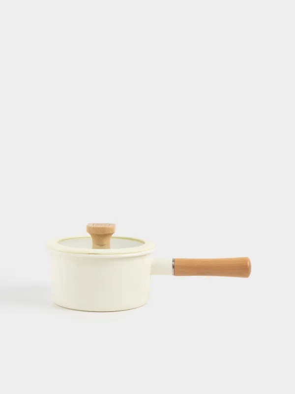 Saucepan, 16 cm, 1.6 l, with lid, enameled metal / wood, milky, Enamel wood, image-0