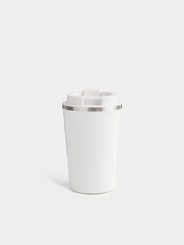 Thermo mug, 350 ml, steel / plastic, white, with inscription, Coffee time, image-3
