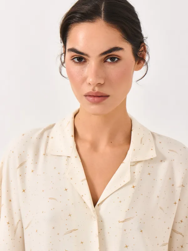 Women's shirt, homewear, size L, with short sleeves, viscose, milky, Stars, Dina, image-1