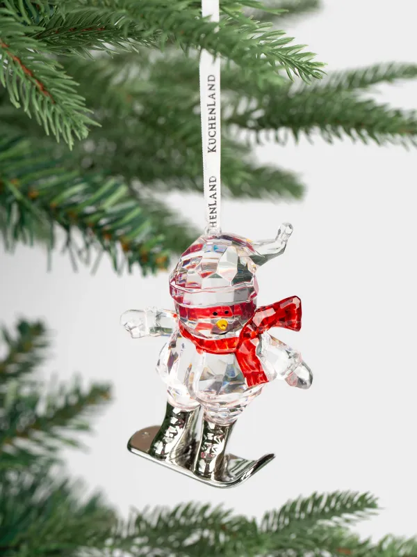 Christmas tree toy, 9 cm, acrylic / metal, silver, Snowman on snowboard, Figure crystal, image-3