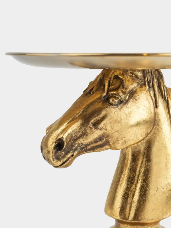 Decorative dish, 27x19 cm, on a leg, steel / polyresin, golden, Horse, Horse gold, image-1