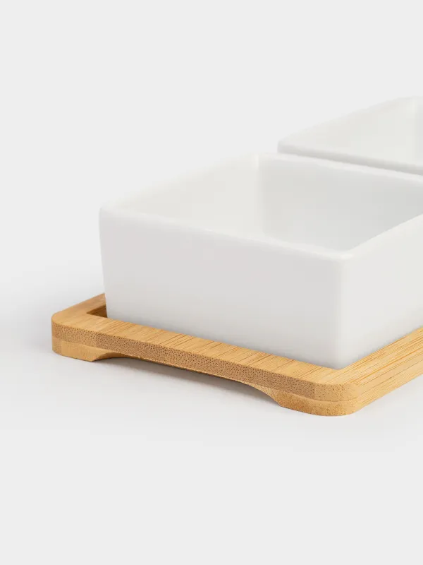 Snack set, 3 items, on a stand, ceramic / bamboo, square bowls, Bamboo, image-5