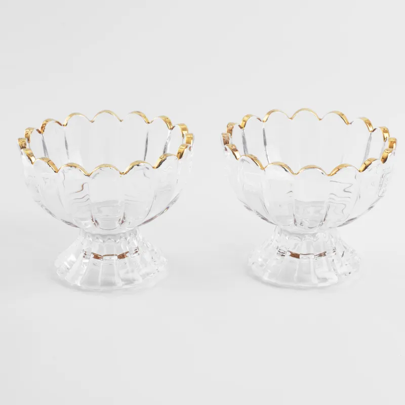 Cream bowl, 9x7 cm, 2 pcs, on a leg, glass R, with golden edging, Ribby gold, image-0