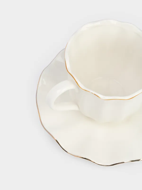 Tea pair, 1 person, 2 items, 350 ml, porcelain P, with golden edging, Wavy edge, Crumple gold, image-4