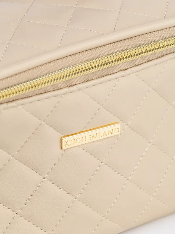 Cosmetic bag, 23x13 cm, quilted, with handle, polyurethane, beige, Quilted, image-1