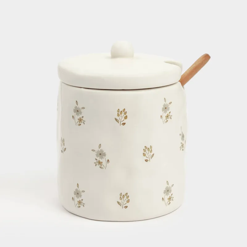 Sugar bowl, 11 cm, 370 ml, with spoon, ceramic / wood, milk, Vintage flowers, La flore