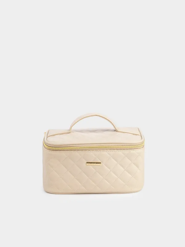 Cosmetic bag, 23x13 cm, quilted, with handle, polyurethane, beige, Quilted, image-6