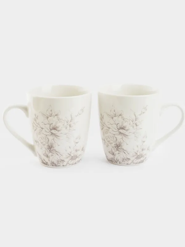 Mug, 350 ml, 2 pcs, porcelain P, white, Beige flowers, Maleo, image-0