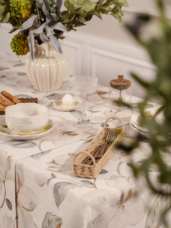 Table runner, 40x160 cm, polyester / linen, milky yellow, Flowers, Flowery flax, image-6