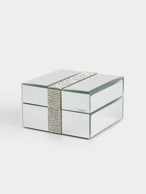 Jewelry box, 12x12 cm, glass, mirror, Silver crystals, Glossy crystal, image-0