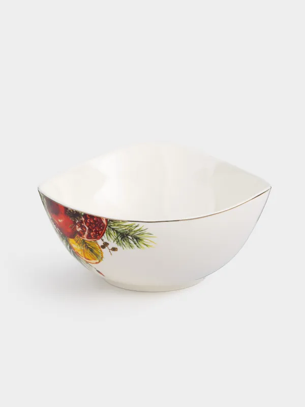 Salad bowl, 21x11 cm, 1.8 l, porcelain N, white, with golden edging, Pomegranates and orange, Christmas miracle, image-1
