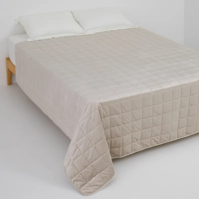 Bedspread, 220x240 cm, quilted, velvet/microfiber, beige / grey, Squares, Stitch velvet