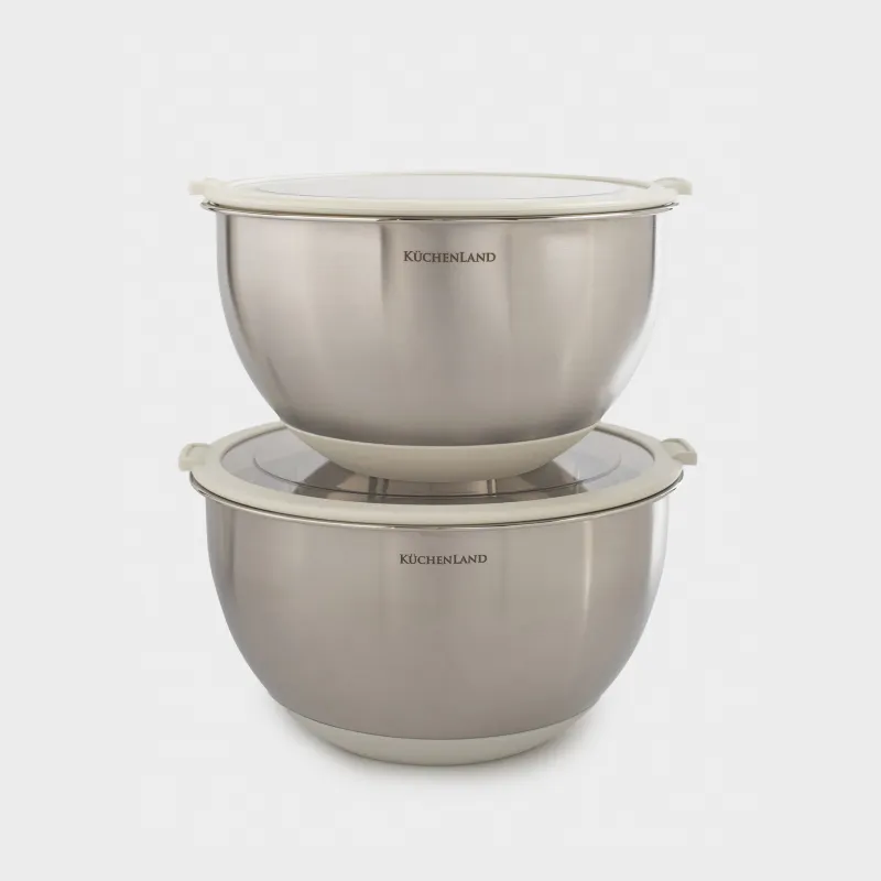 Bowl, 2/3 l, 2 pcs, with lid, anti-slip bottom, steel / plastic, beige, Terra new