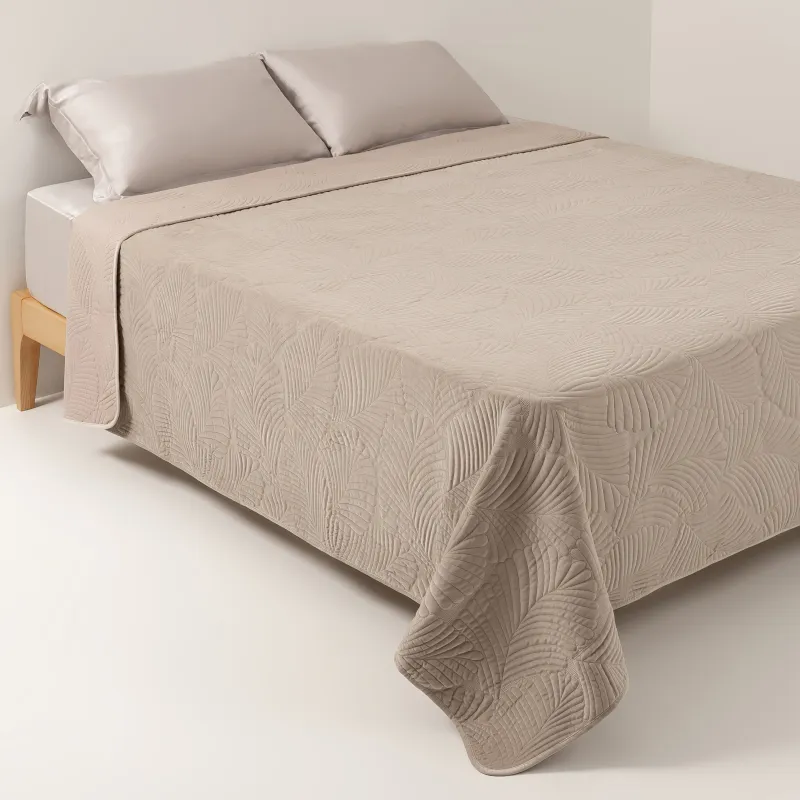 Bedspread, 240x260 cm, quilted, polyester, beige / gray, Palm leaf, Stitch velvet
