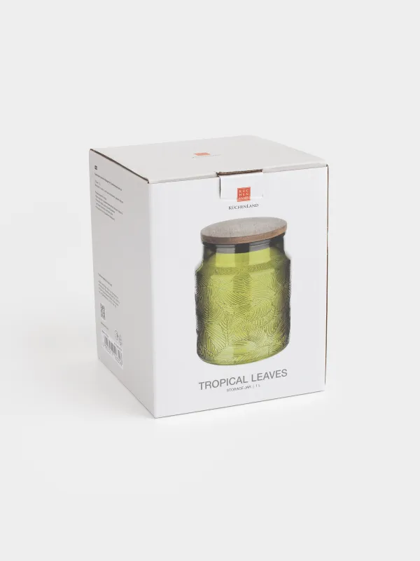 Bulk products jar, 1 l, glass / wood, green, Tropical leaves, Tropical leaves, image-3