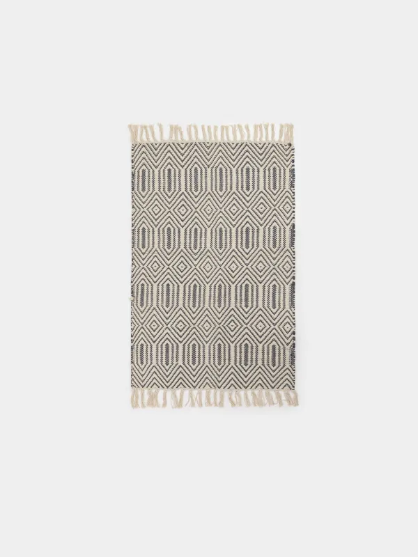 Rug, 60x90 cm, fringed, cotton, black and milk, Rhombic, image-0
