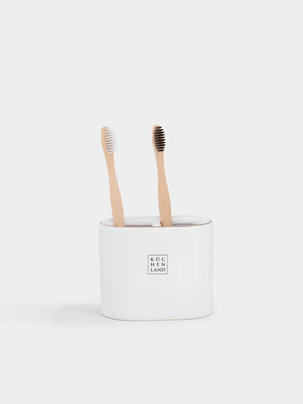 Toothbrush holder, 12 cm, ceramic, white and gold, Freya, image-3